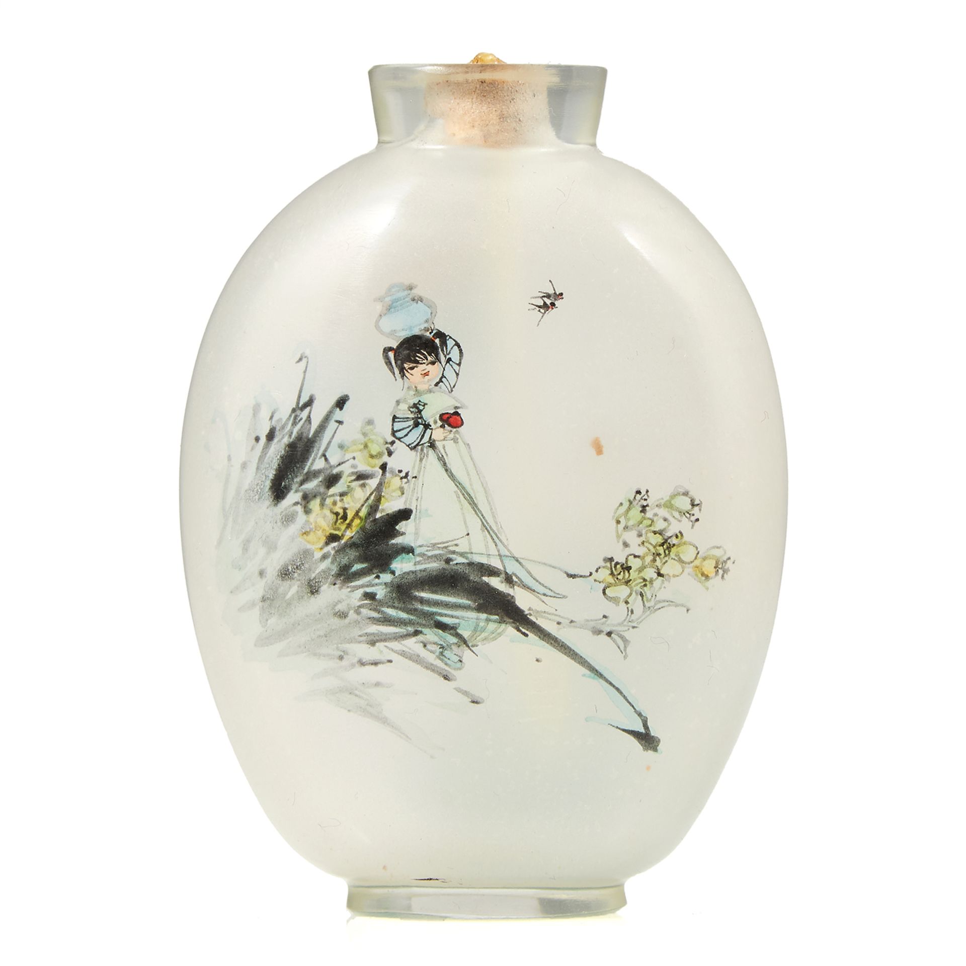 AN ANTIQUE CHINESE PAINTED GLASS SNUFF BOTTLE, CIRCA 1920 with painted scenes of a lady, and birds