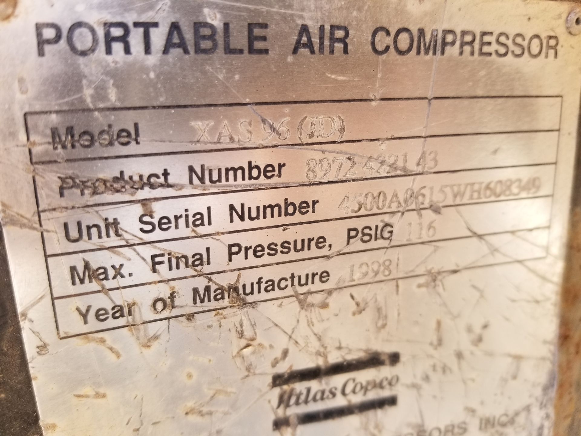 1999 Compresseur à air  Atlas Copco XAS96, 2713 hres, Unité 42, Série du compresseur: 610393 - Image 3 of 3