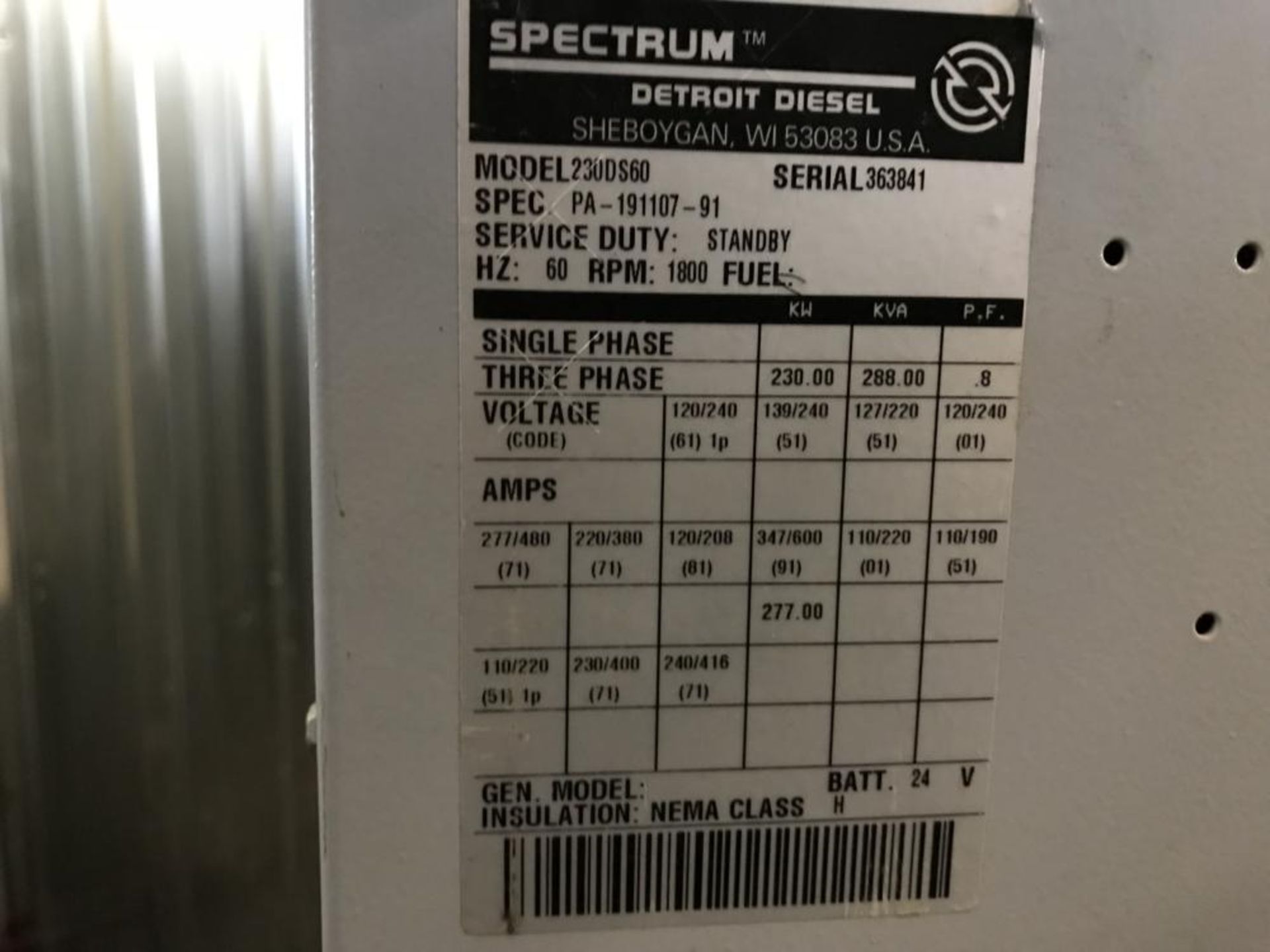 Génératrice Spectrum Détroit diesel, modele 230 DS60, 3 phases, 230 kw, 288 kva, amp. 277 kw - Image 4 of 5