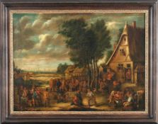 Flämischer MeisterUm 1675-1725.Fröhliches Bauernfest.Öl/Lwd., alt doubl., 67 x 89 cm. Im unteren