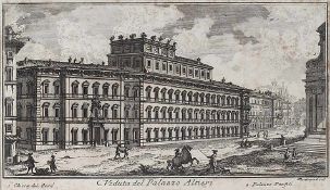 Kupferstich18. Jh..Veduta del Palazzo Altieri.Gestochen von Montagu. 14,2 x 26,2 cm. Stockflecken.