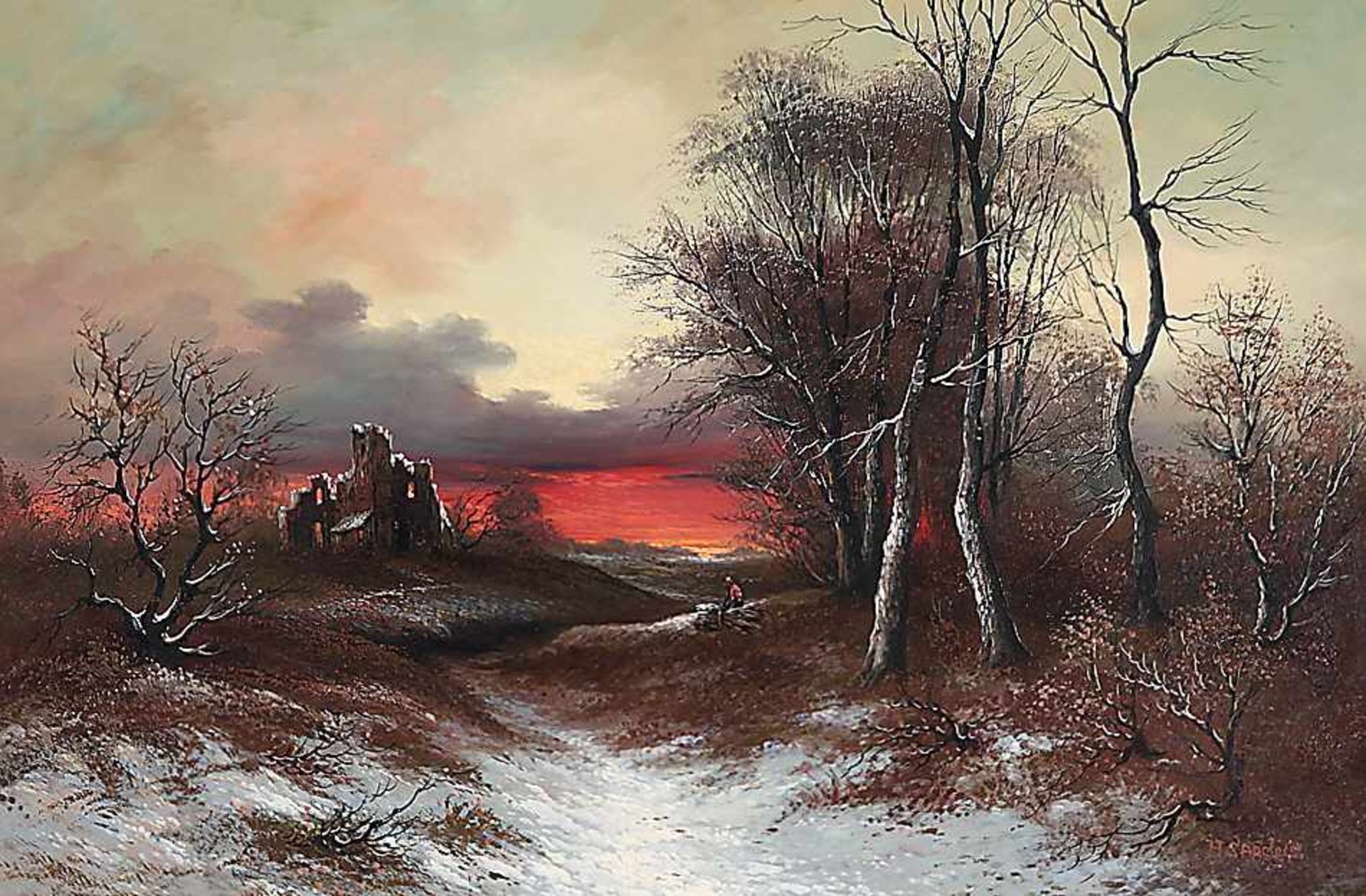 Sanders, H.20. Jh..Winterlandschaft im Abendlicht.Re. u. sign. H. Sanders. Öl/Lwd., 60,5 x 90 cm.