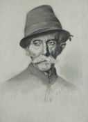 Zeichner19./20. Jh..Bildnis eines schnauzbärtigen Mannes mit Hut.Re. u. unles. sign.. Kohle und