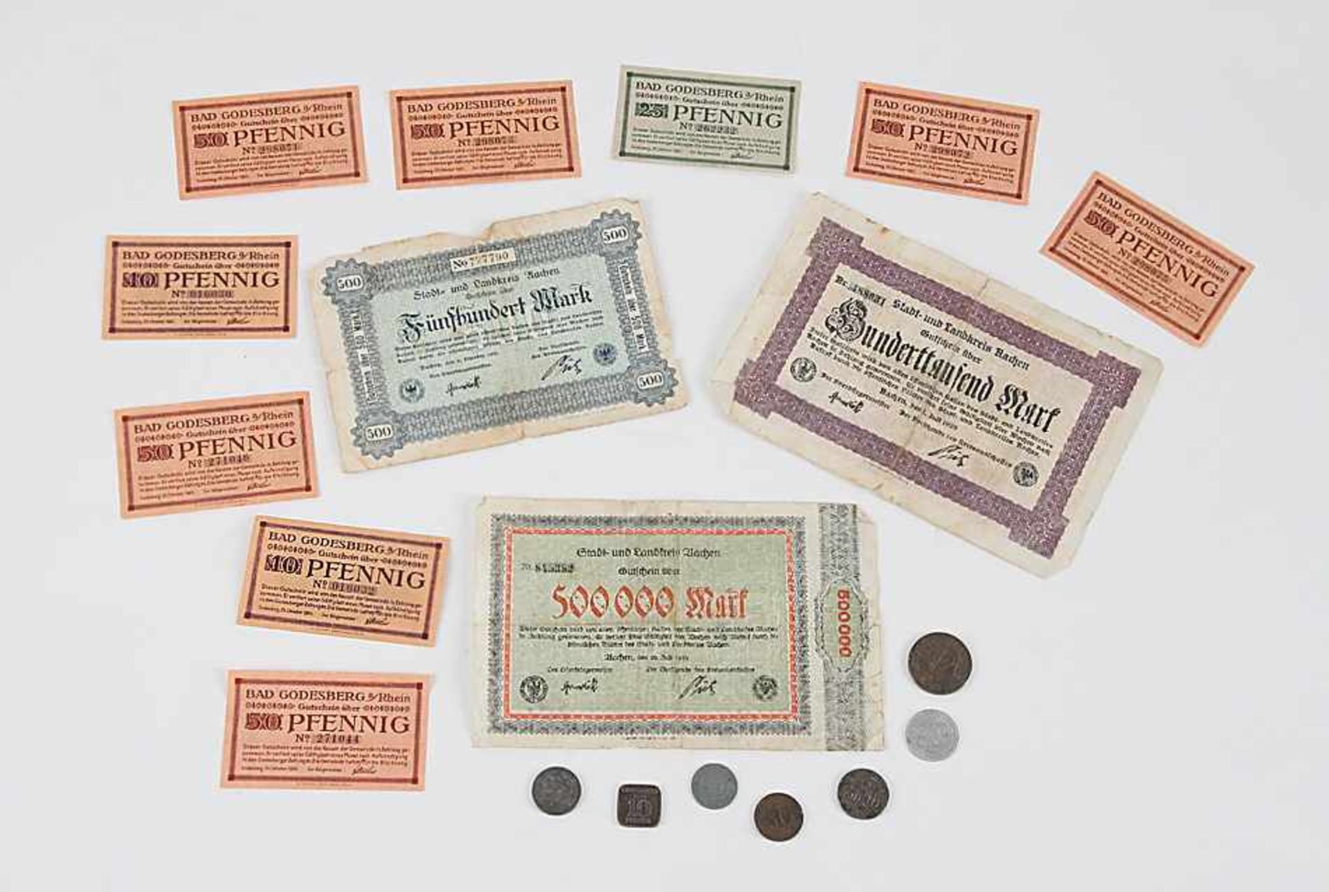 Konvolut Notgeld9 Scheine Bad Godesberg 1920, 7 Münzen Düren, Aachen, Neuwied, Bonn, Giessen,