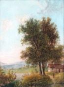 Maler20. Jh..Landschaft mit Häusern im Alpenvorland.Re. u. bez. A. Höbart. Öl/Holz, 26,5 x 20,9