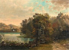 Maler19. Jh..Bewaldete Landschaft mit Blick auf eine Burg und Ortschaft in Ufernähe.Li. u. unles.