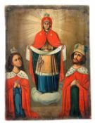 Russland 19. Jh.. Drei gekrönte Kirchenheilige.Öl/Holz, 28,4 x 21,3 cm. Auf der Vorderseite im