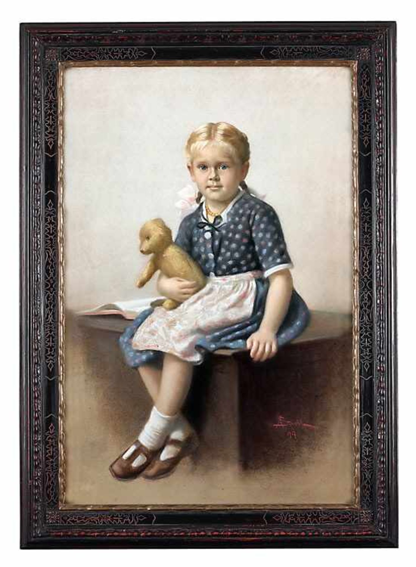 Strobl, A.Wiener Genremaler des 19./20. Jhs..Mädchen mit Teddybär. Re. u. sign. A. Strobl, dat.