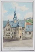 Maler20. Jh..Blankenburg - Harz Rathaus.Re. u. unles. sign., betit.. Aquarell/Papier, 12 x 8 cm.