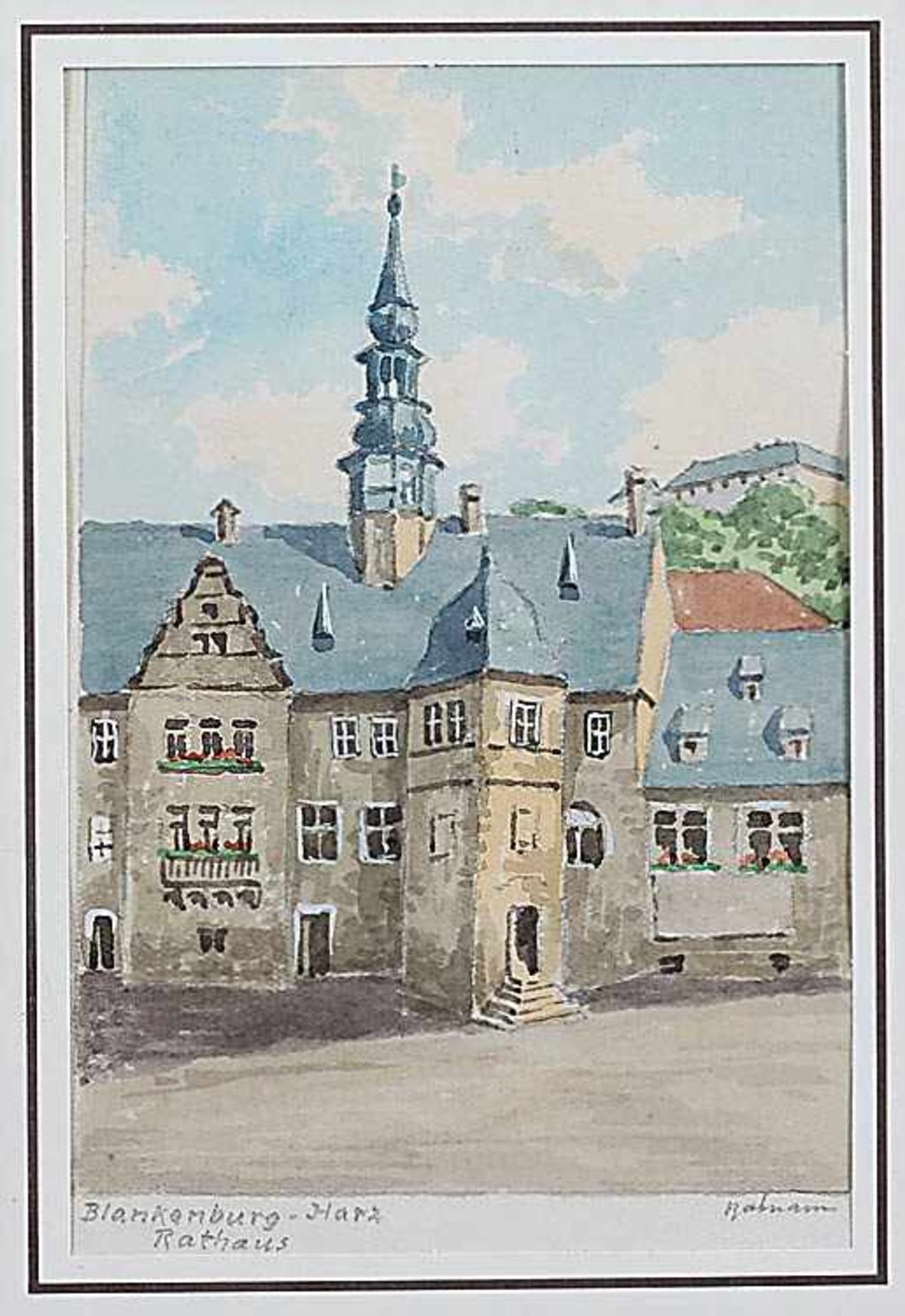 Maler20. Jh..Blankenburg - Harz Rathaus.Re. u. unles. sign., betit.. Aquarell/Papier, 12 x 8 cm.