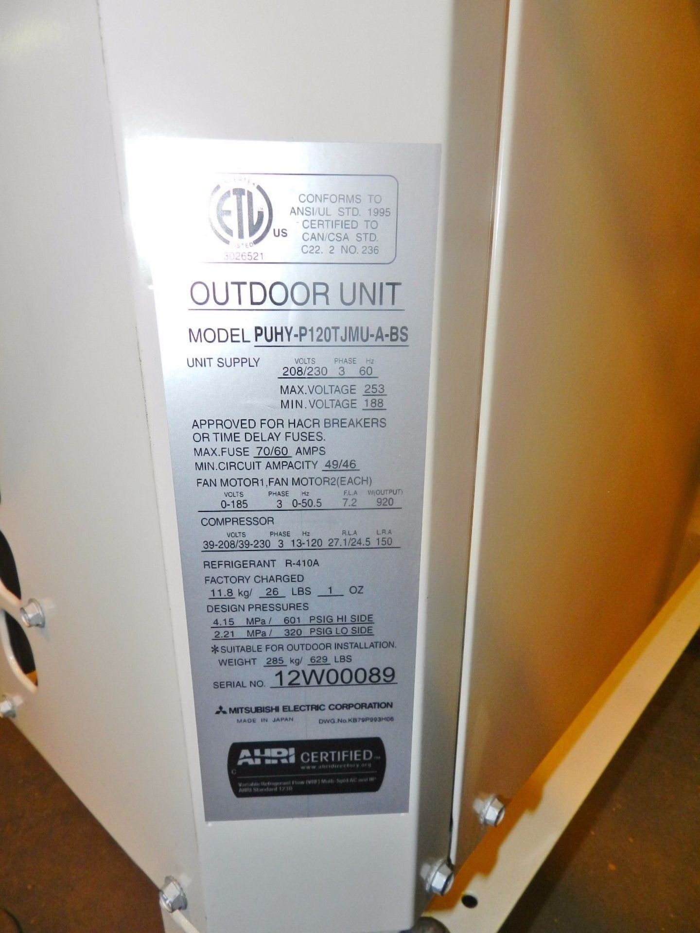 Mitsubishi 10 Ton Air Conditioner Outdoor Unit - Image 3 of 4