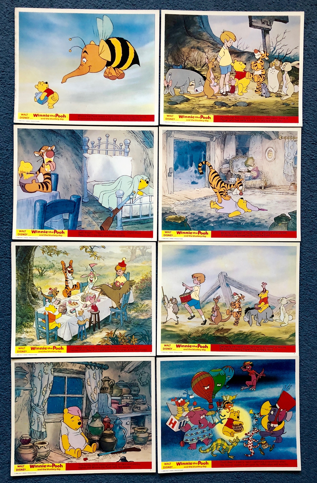 WINNIE THE POOH & THE BLUSTERY DAY (1969 ) - Set of 8 x UK/British Front of House Lobby Cards - 8" x