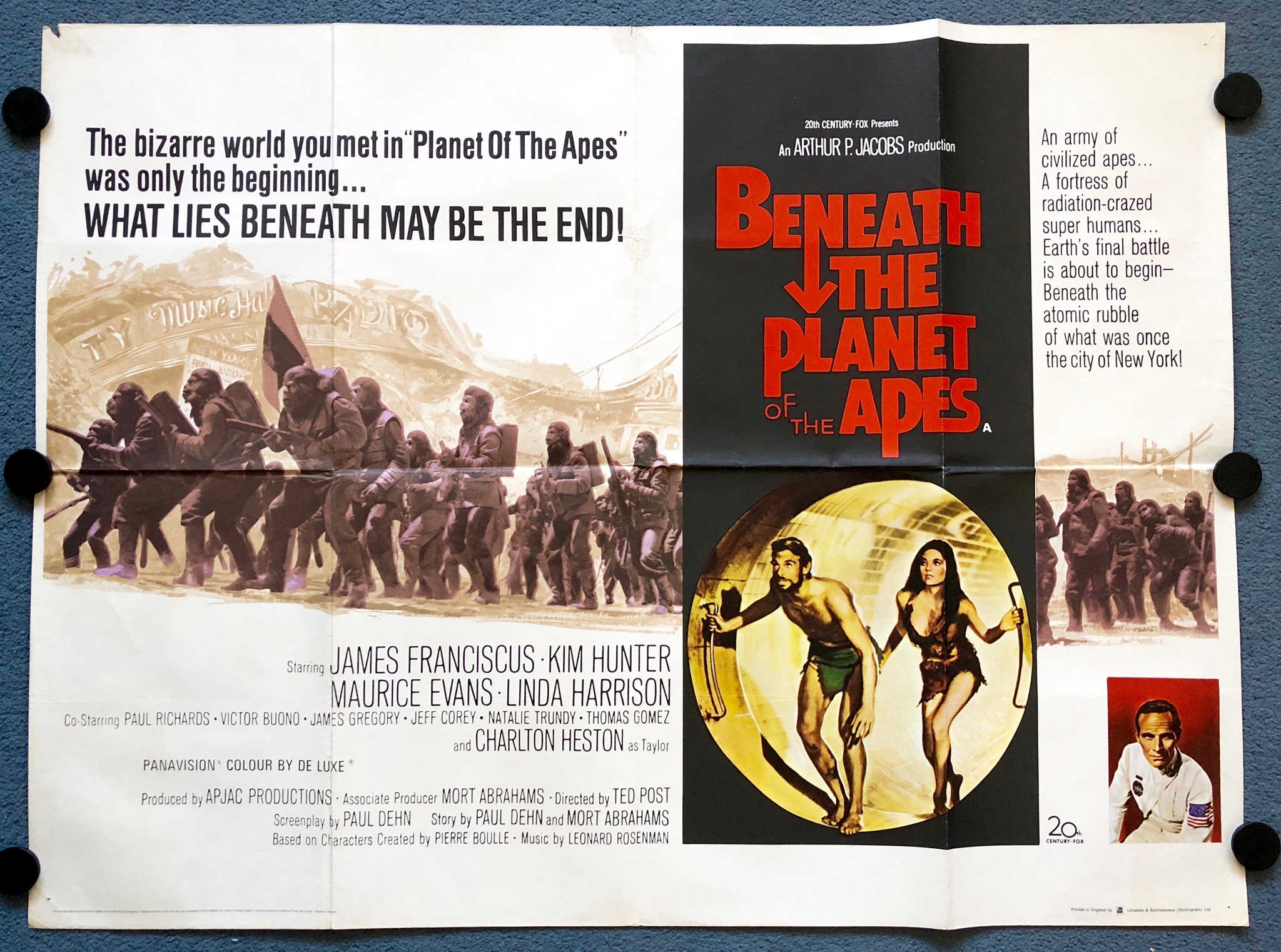 BENEATH THE PLANET OF THE APES (1970) - British UK Quad Film Poster - Successful sequel to Planet of