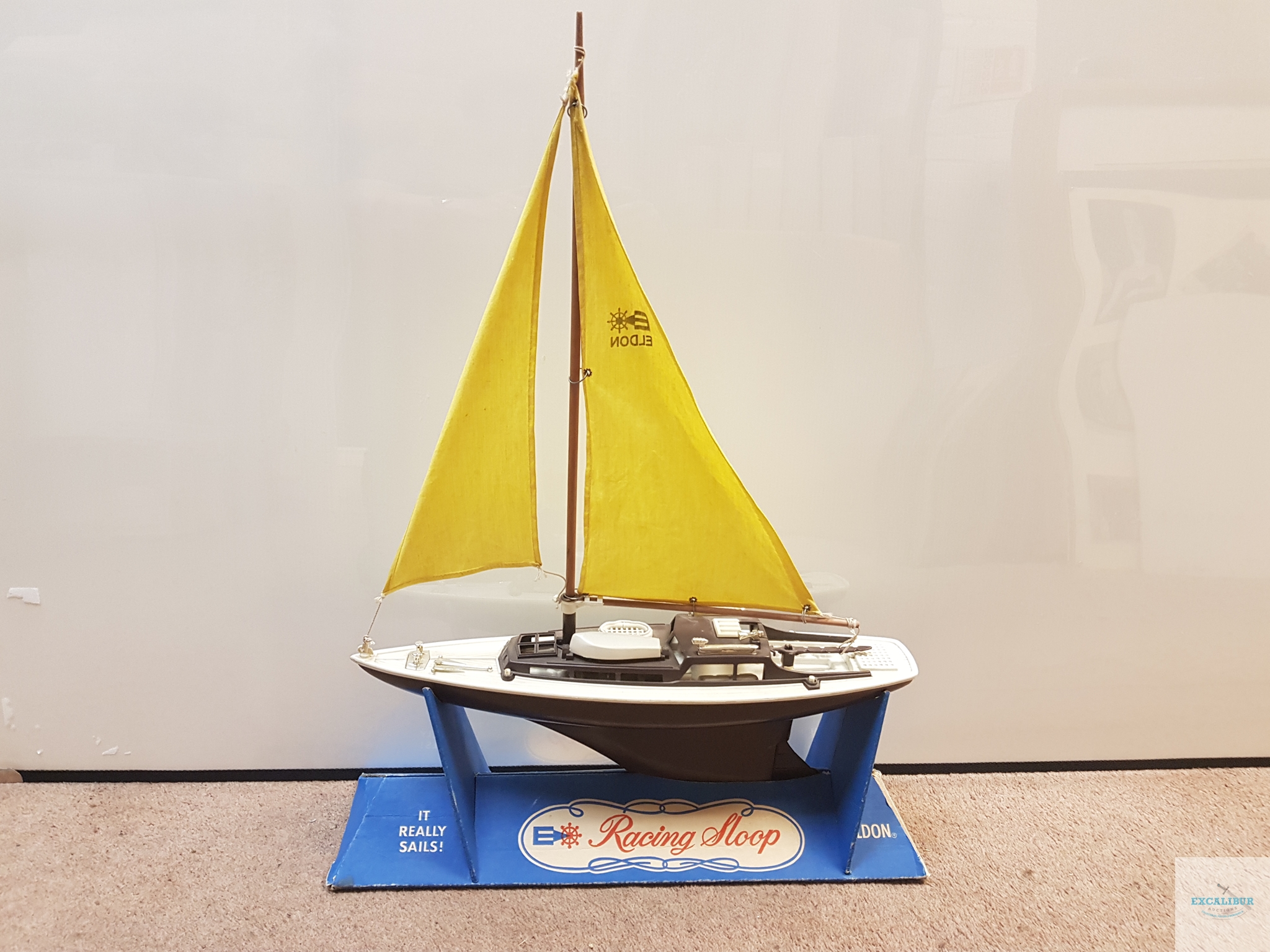 ELDON PLASTIC AND WOOD SAILING YACHT "RACING SLOOP" - complete with cardboard shop display stand -