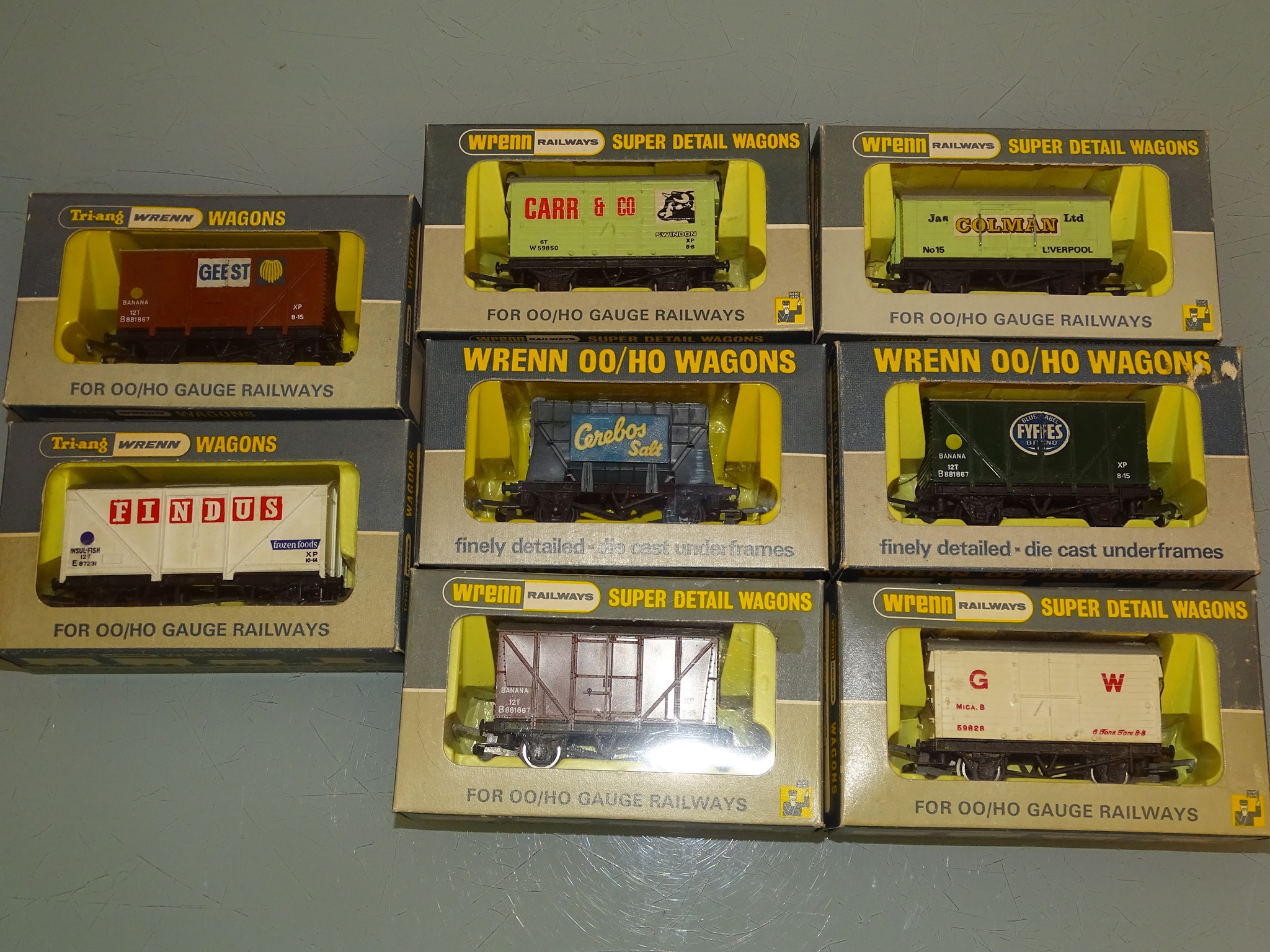 A group of mostly private owner wagons by WRENN Railways to include Geest, Findus and Cerebos Salt