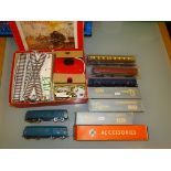 A group of HO GAUGE coaches and locos by LIMA and PLAYCRAFT together with a vintage boxed track