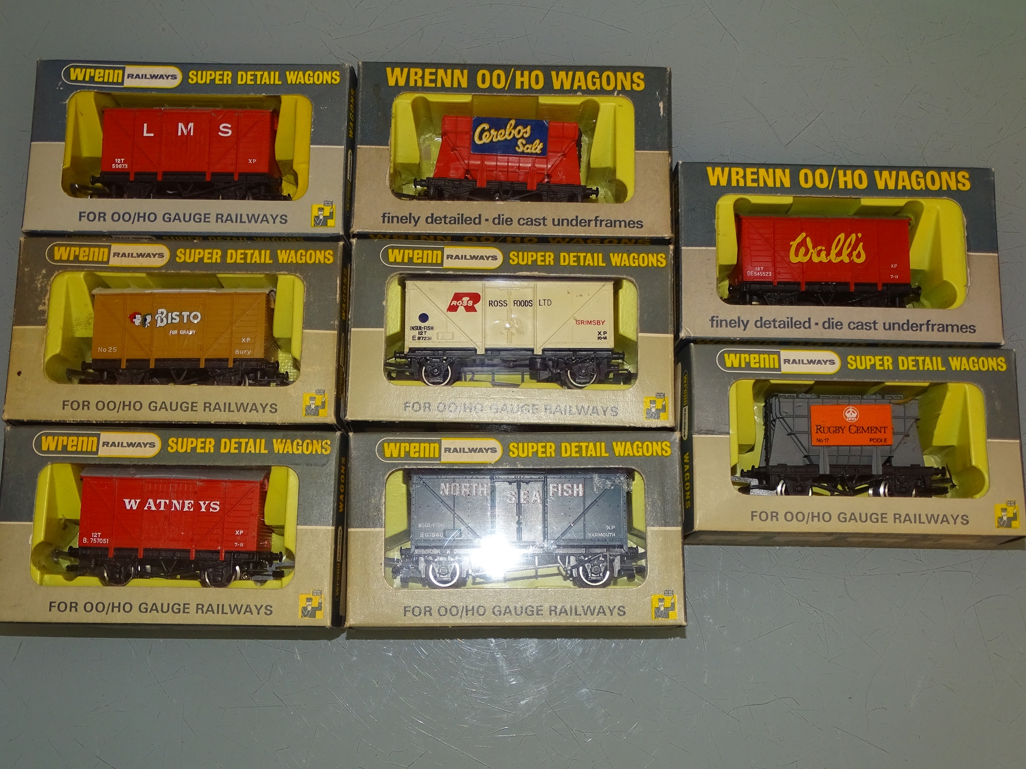 A group of mostly private owner wagons by WRENN Railways to include Bisto, Wall's and Cerebos Salt