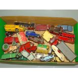 A tray of mixed diecast cars, vans, lorries etc by various manufacturers including DINKY in playworn