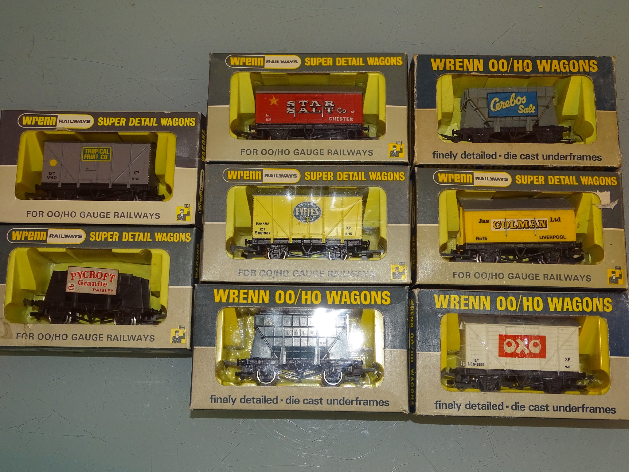 A group of WRENN boxed wagons to include Oxo and Fyffes examples as lotted - VG/E in G/VG boxes (8)