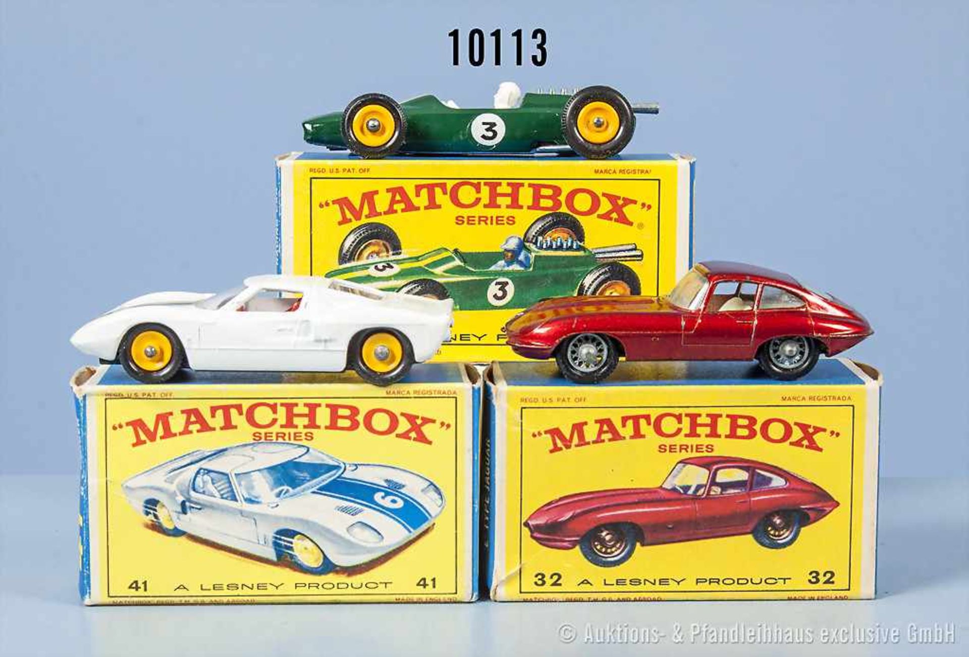 Konv. 3 Matchbox Fahrzeuge Serie 1-75, Nr. 19 D Lotus, 32 B E-Type Jaguar und 41 C Ford GT Racer,