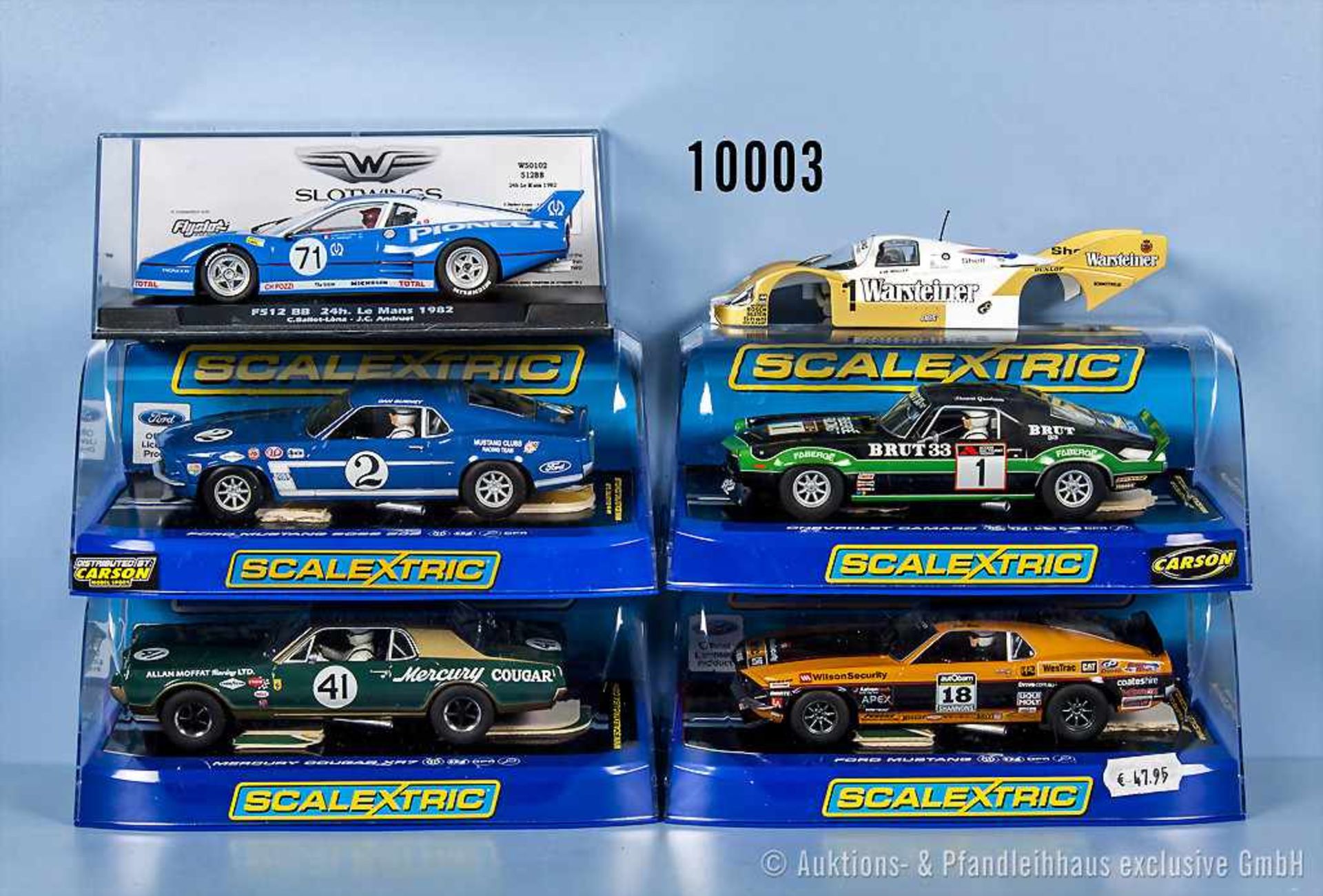 Konv. 5 Slot-Cars, Rallye- und Rennwagen, M 1:32, versch. Hersteller Scalextric und Slotwings