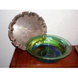 Studio glass swirl bowl and silver plated sherry tray