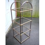 Former Liberty of London brass, steel and glass pedestal retailers stand with 3 shelves and