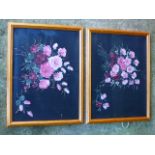 Pair of oil on silk floral paintings