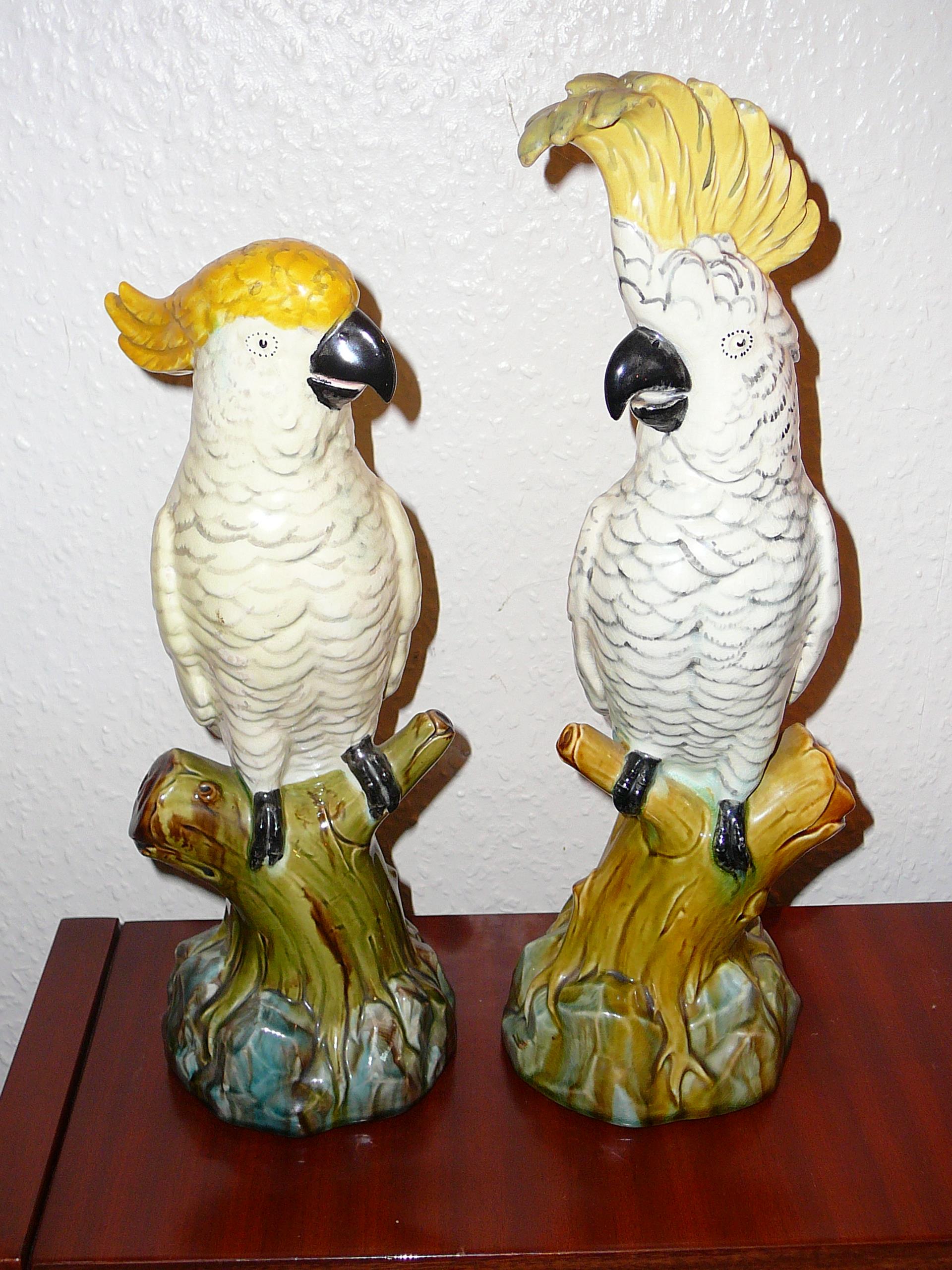 Fine pair of Minton majolica cockatoos