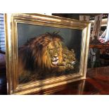 Framed oil on canvas of Lion group