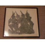 Framed brass rubbing and large framed hunt scene lithograph