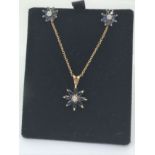 9ct gold sapphire and diamond pendant and earrings suite