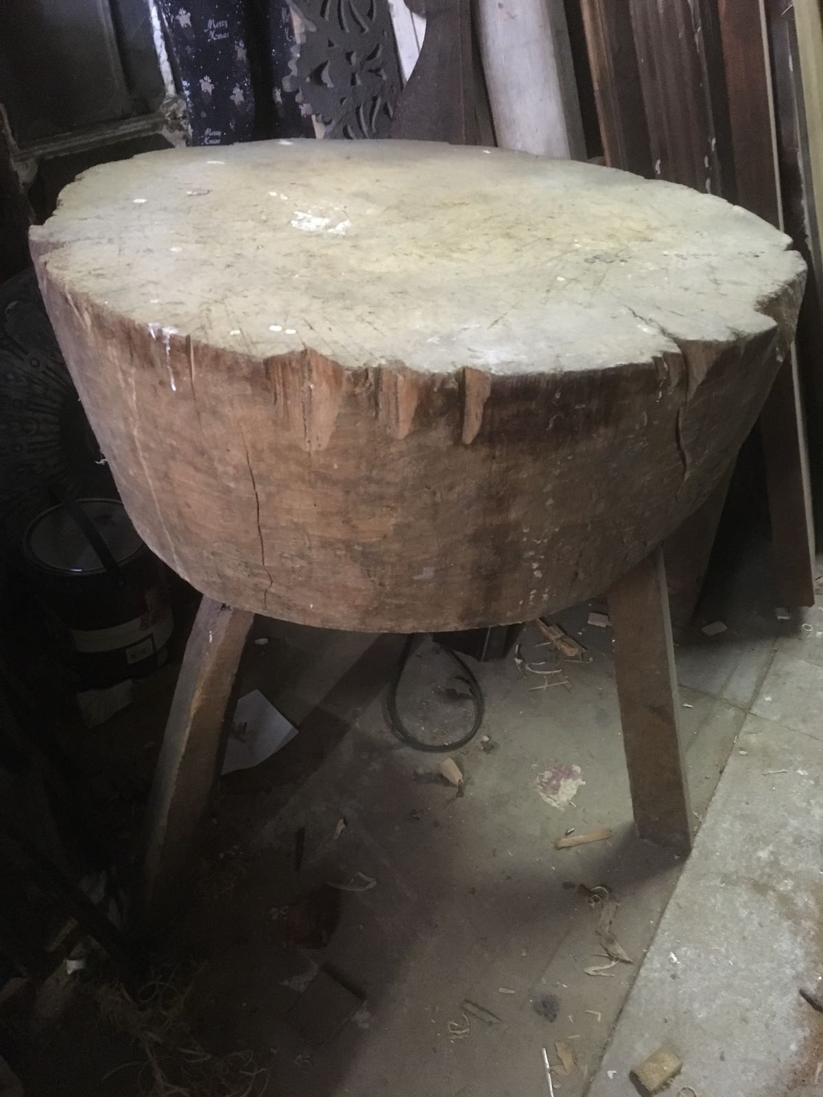 19th Century French butcher's block on rustic tri-form base