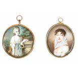 Konvolut zwei Miniaturen 19. Jahrhundert Damenporträts. Gouache auf Elfenbein. Rückseite einer