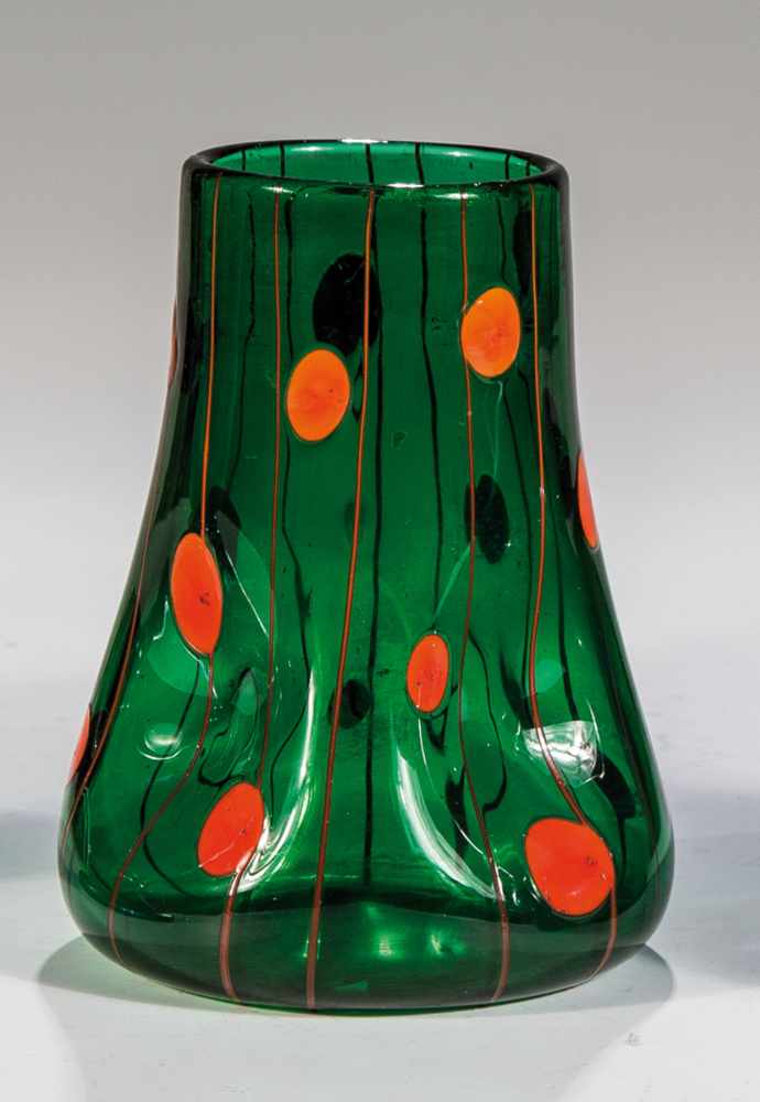 Seltene Vase "Ausführung 122 - kaisergrün, orangeopal" Kolo Moser (Entwurf), Loetz Wwe.,