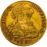 Goldmünze "8 Escudos"Spanien, 1787 Die Vorderseite zeigt das Profilbildnis von Carlos III. (1716-