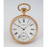 Seltene TaschenuhrPatek Philippe, Genf, um 1890 18 kt GG Gehäuse Nr. 205213. Weißes Emailzifferblatt