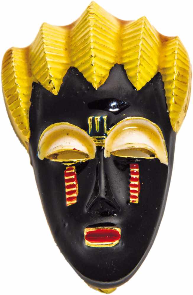 MaskenbroscheVergoldet. Afrikanische Maske bemalt in polychromen Email-Farben. Rückseitig