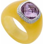 Ring aus gelber Jade mit Amethyst585-er Weißgold. Farbenprächtiger Ring. Ringschiene aus feiner