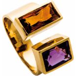 Gelbgoldring mit Amethyst und Citrin585-er Gelbgold, ca. 8,4 g. Modern designter Ring mit offener