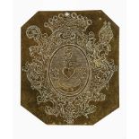 Messingplatte mit bischöflichem WappenRückseitig bezeichnet "Fecit Ioh: Ludvig in Trier 1735" Sehr