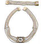 Perlencollier- und Armband585-Gelbgold. Siebenreihiges Collier und Armband bestehend aus fünf Reihen