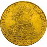 Goldmünze "8 Escudos"Spanien, 1787 Die Vorderseite zeigt das Profilbildnis von Carlos III. (1716-