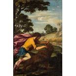 Anonymer MeisterWohl Italien 17. Jahrhundert Samson kämpft mit dem Löwen, im Hintergrund brennen