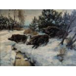 Richard Scholz1860 Hannover - 1939 Hannover Drei Wildschweine in Winterlandschaft. Öl auf