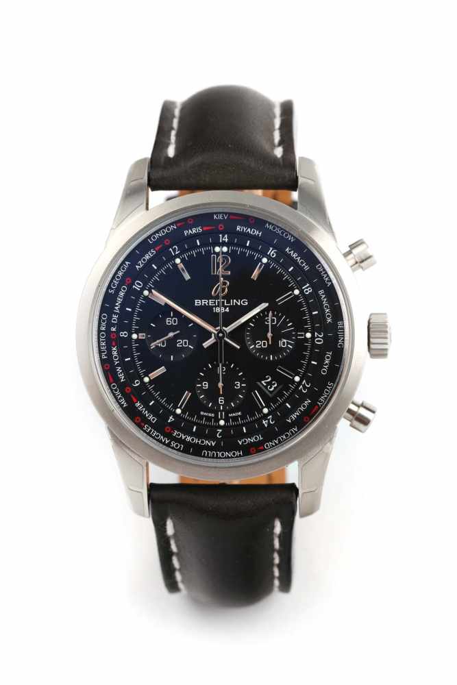 Breitling Transocean Unitime PilotChronograph aus Edelstahl, Automatik-Chronometer, Zifferblatt: