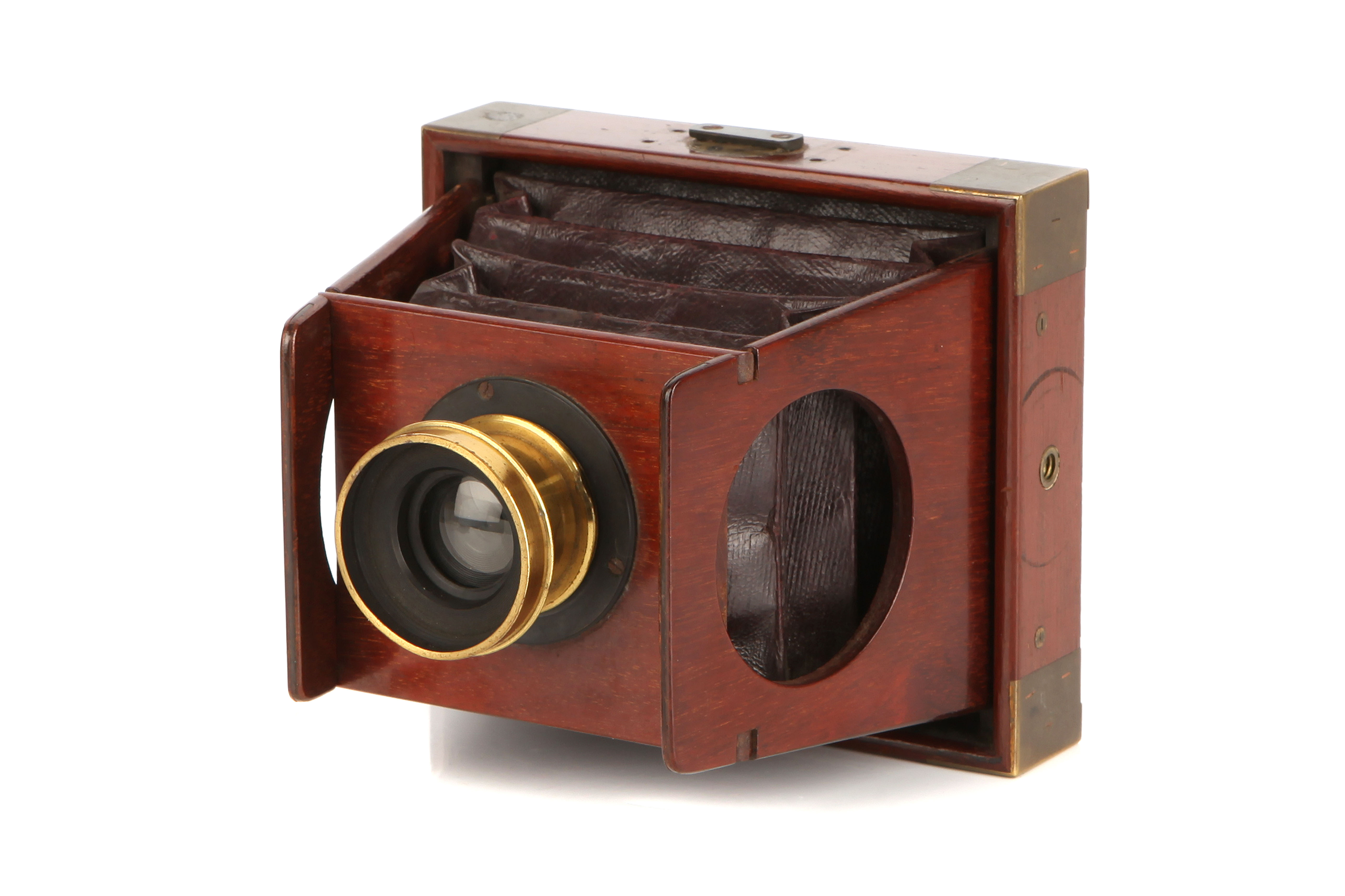 A Shew & Co. Xit 3¼×4¼ Mahogany Folding Strut Camera,