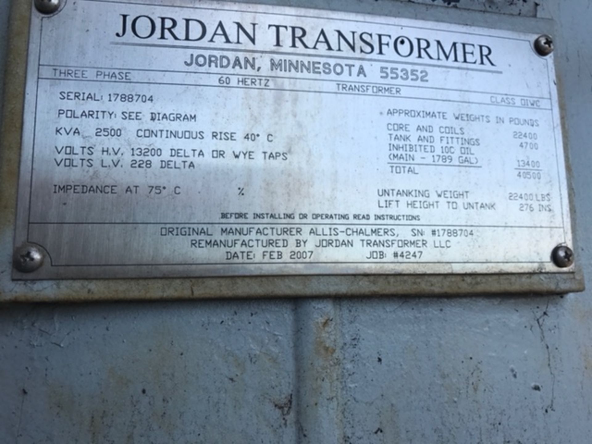 Jordan arc furnace transformer, 2500 kva, 3 phase, 13,200 primary volts, 228 secondary