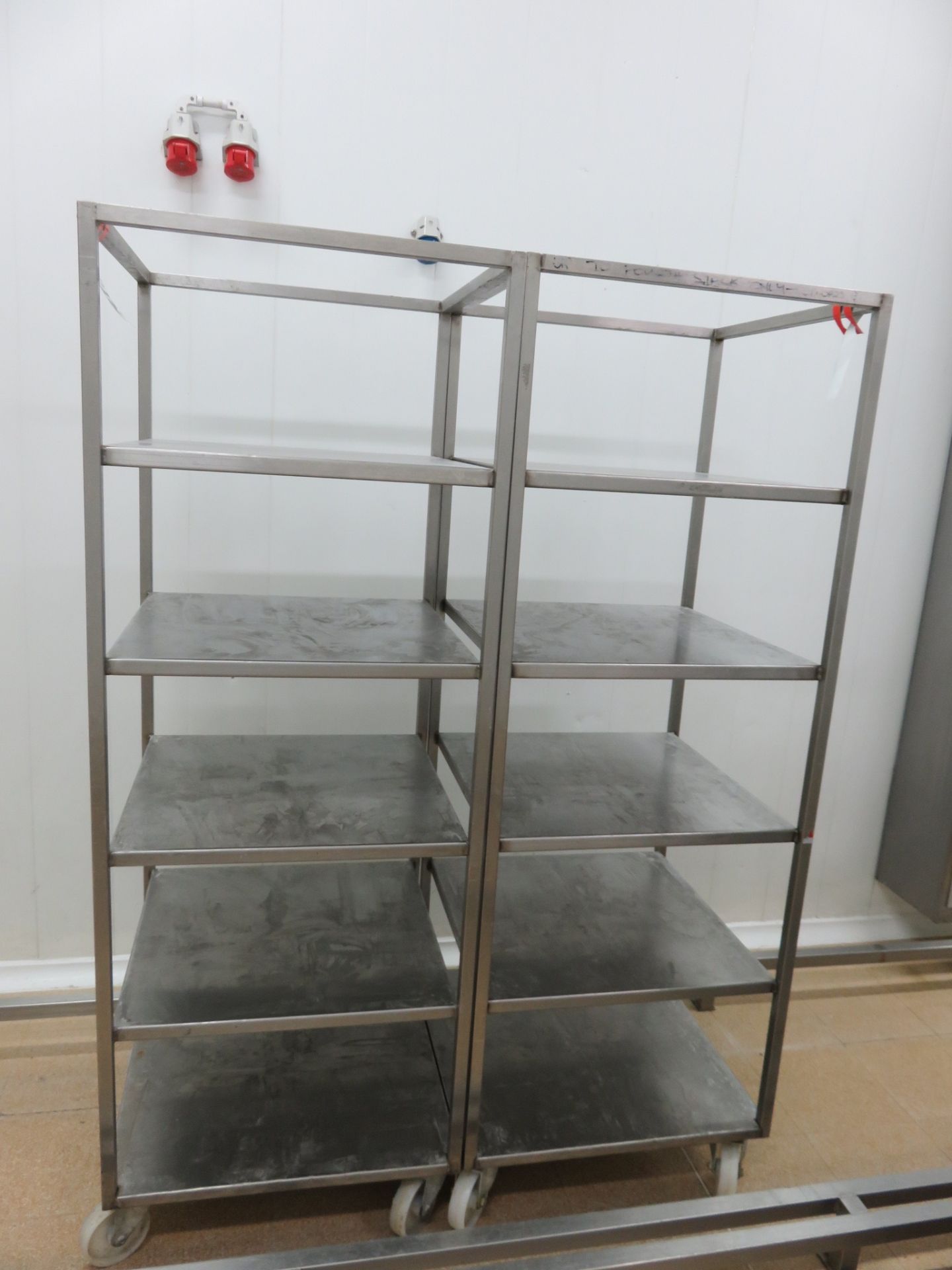 2 x S/s mobile trollies with 5 shelves. Approx. 600mm x 600mm x 1800mm high. Lift Out £10