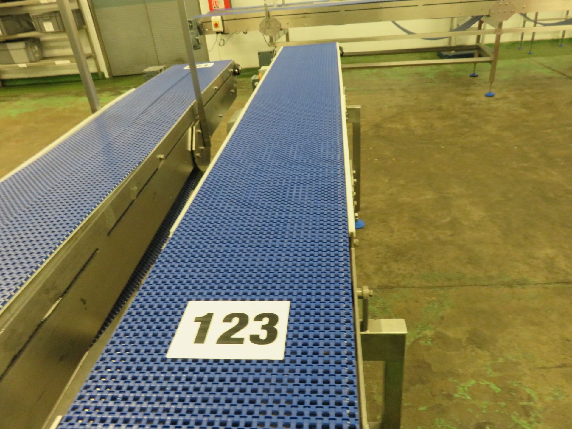 Conveyor 300mm wide blue intrlox belt approx. 2.5 meter long. S/s. Lift out £30